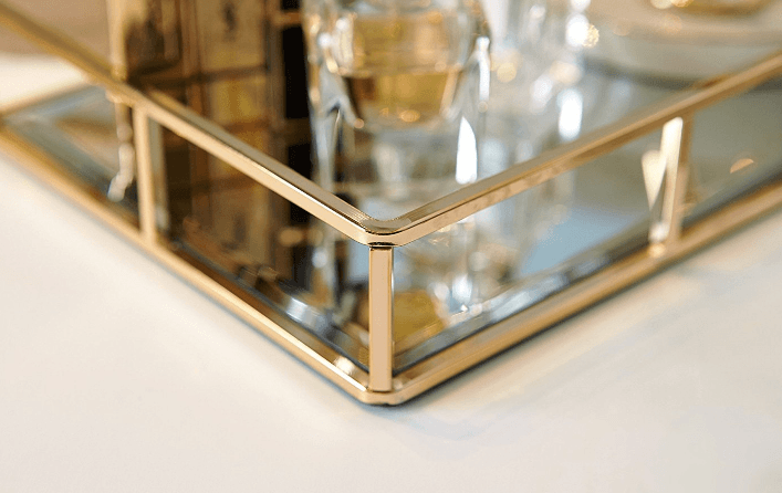 Metal Mirrored Ornate Decorative Tray Jewelry Tray 12'' x 8'' - Champagne Gold Finish