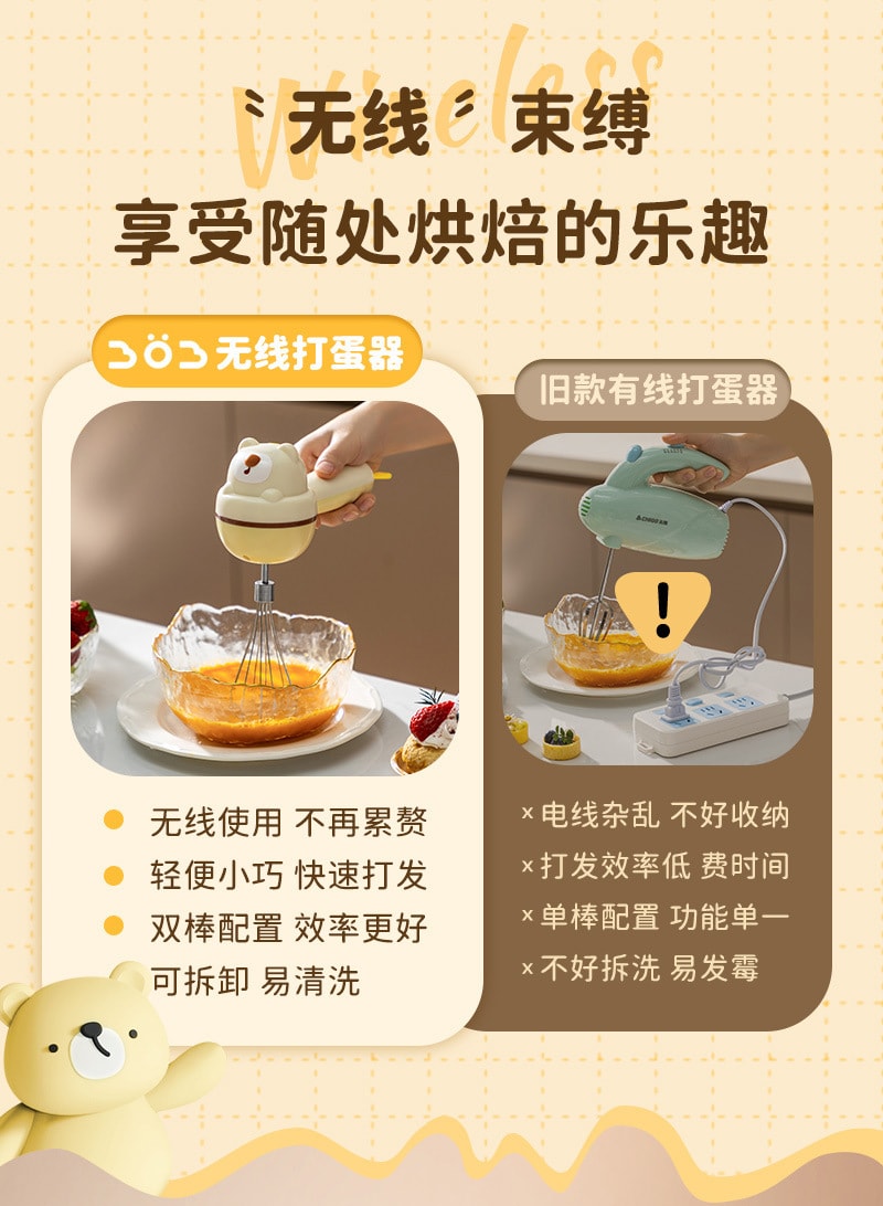 【中國直郵】親太太 打蛋器手持打發器家用打蛋機電動小型攪拌打發攪拌器奶油烘焙蛋糕 黃色