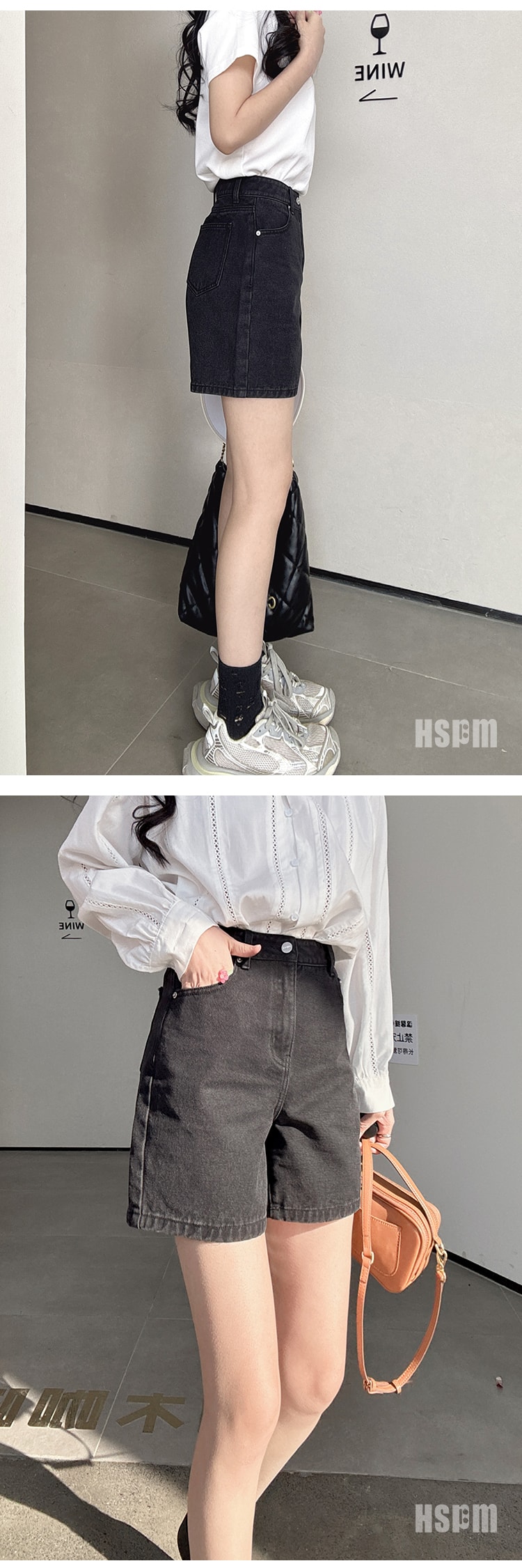 【中国直邮】HSPM 新款高腰宽松显瘦牛仔短裤 黑色 L
