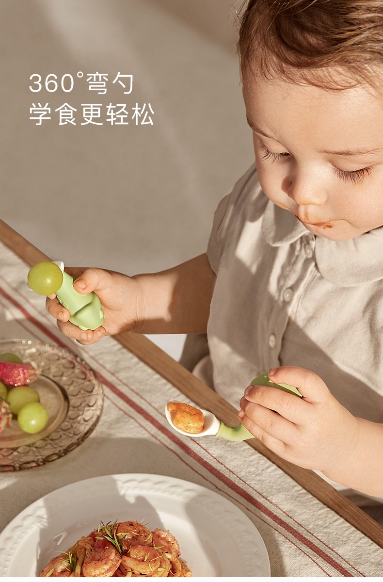 【中國直郵】Bc Babycare 寶寶湯匙學吃訓練嬰兒短柄湯匙叉勺組 恐龍彎彎叉勺-粉紅色