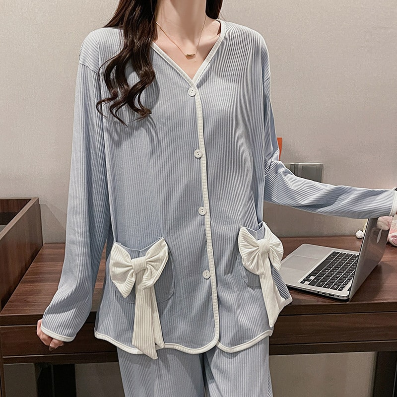 中国直邮 奢笛熊 新款长袖睡衣棉质学生甜美公主宫廷小香风家居服套装 蓝色M