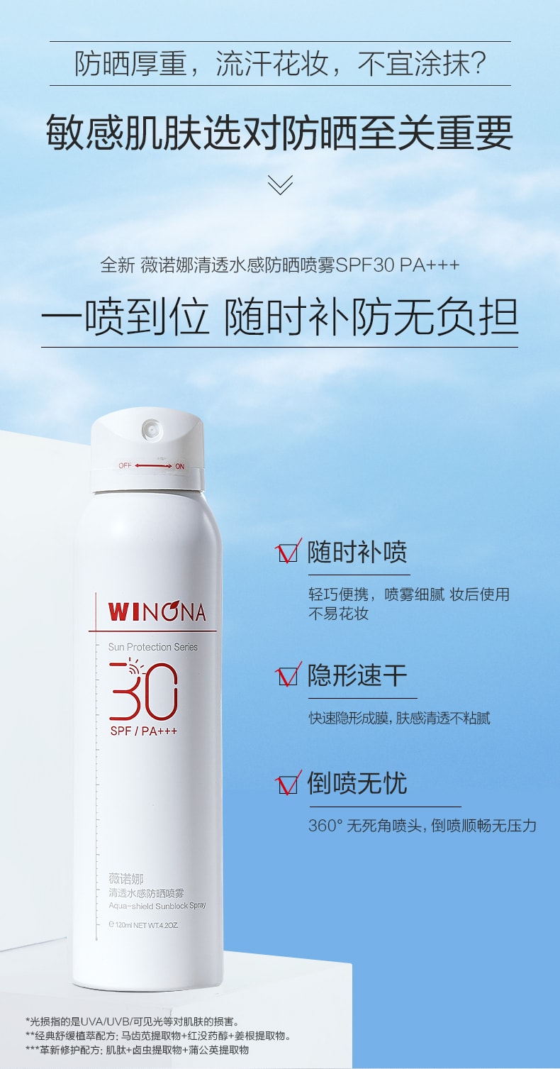 待改价审核[中国直邮]薇诺娜(WINONA) 清透水感防晒喷雾SPF30PA+++  120ml 1支装