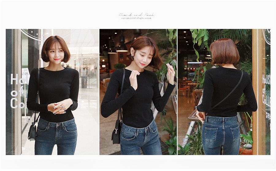 KOREA Crewneck Fleece lined T-Shirt Black One(S-M) [Free Shipping]