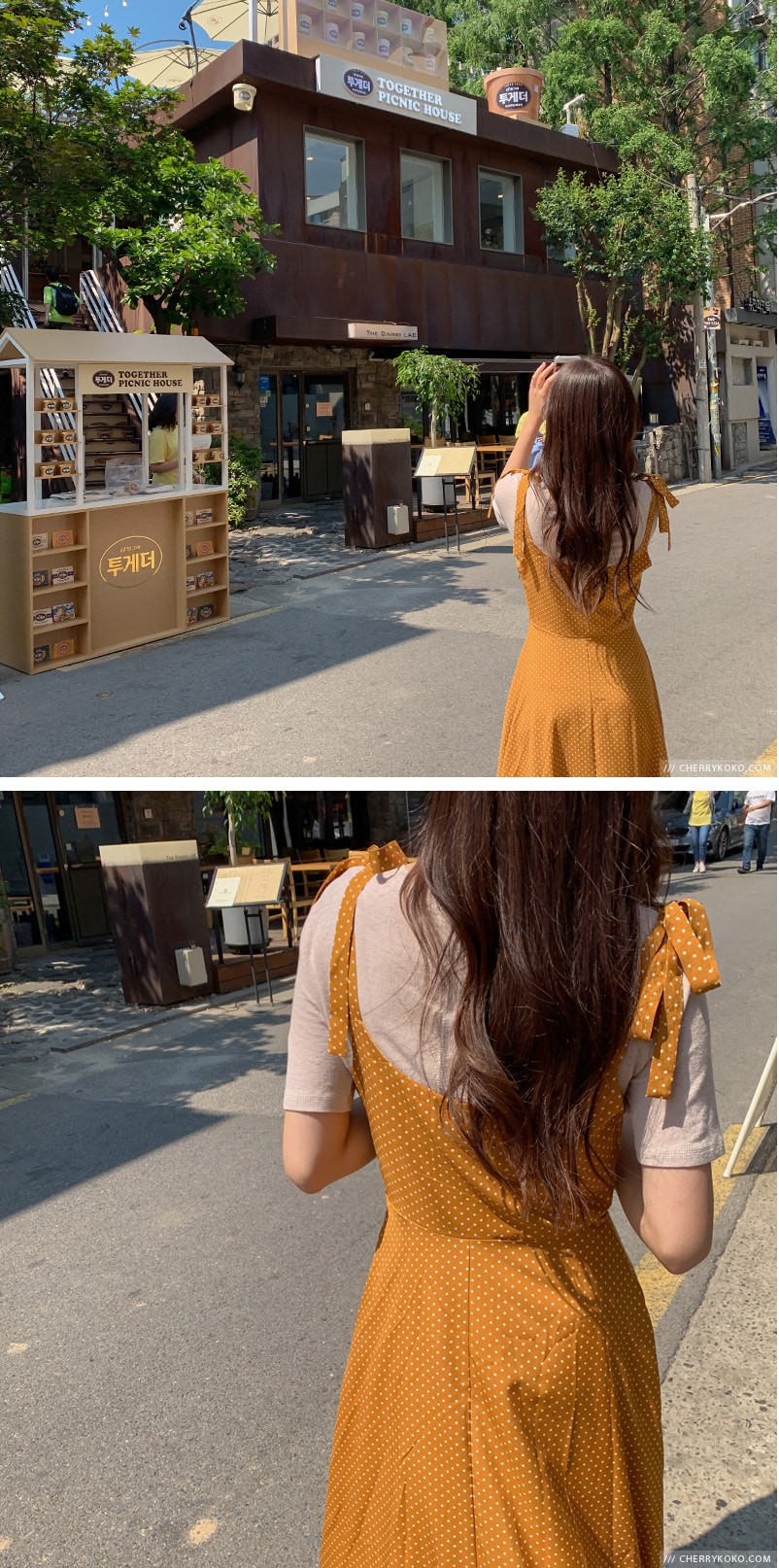 【韩国直邮】CHERRYKOKO 复古抹胸圆点高腰显瘦连衣裙 黄色 均码