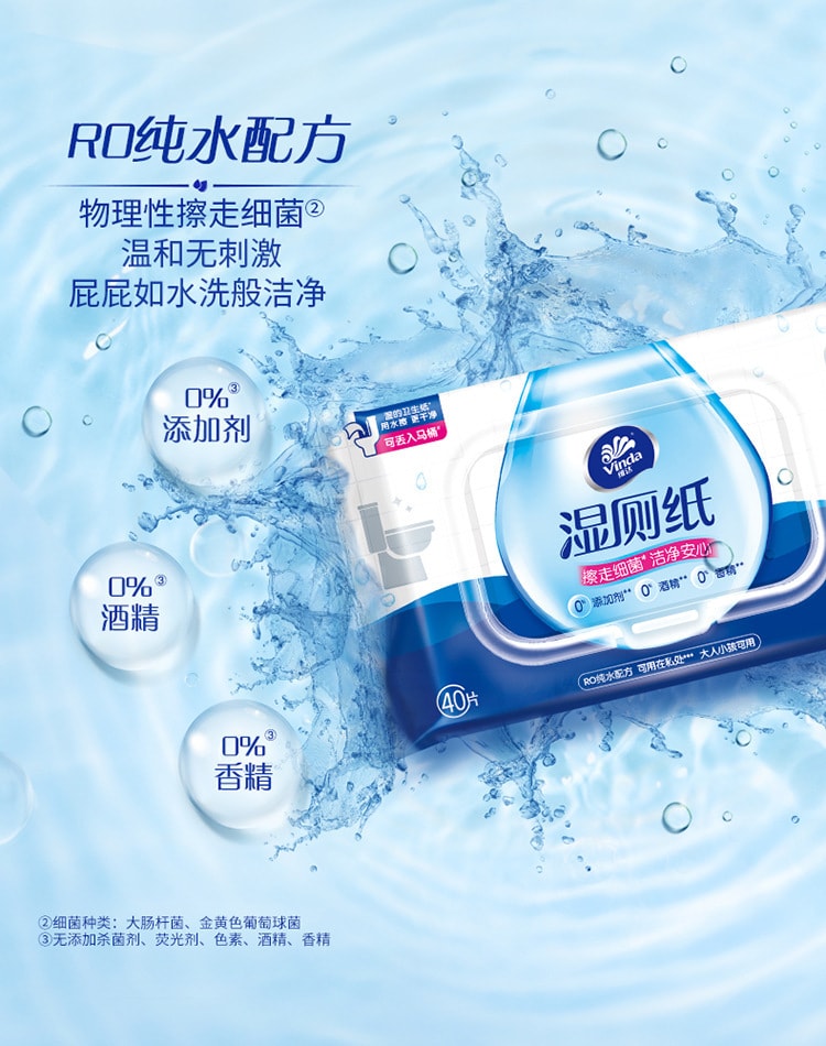 【中国直邮】Vinda/维达  湿厕纸便携可冲擦屁股湿纸巾女性经期清爽湿巾   40片/盒