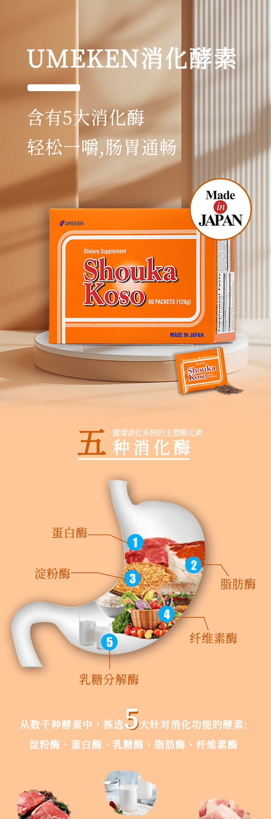 【日本產】UMEKEN 消化酵素 60包 【5大消化酶精准协作🤝吃撑不怕、胀气拜拜✨】 【饭后肚子胀、反酸、食欲差?一包轻松化解 帮助吸收不卡胃让你每顿都吃得自在安心!】
