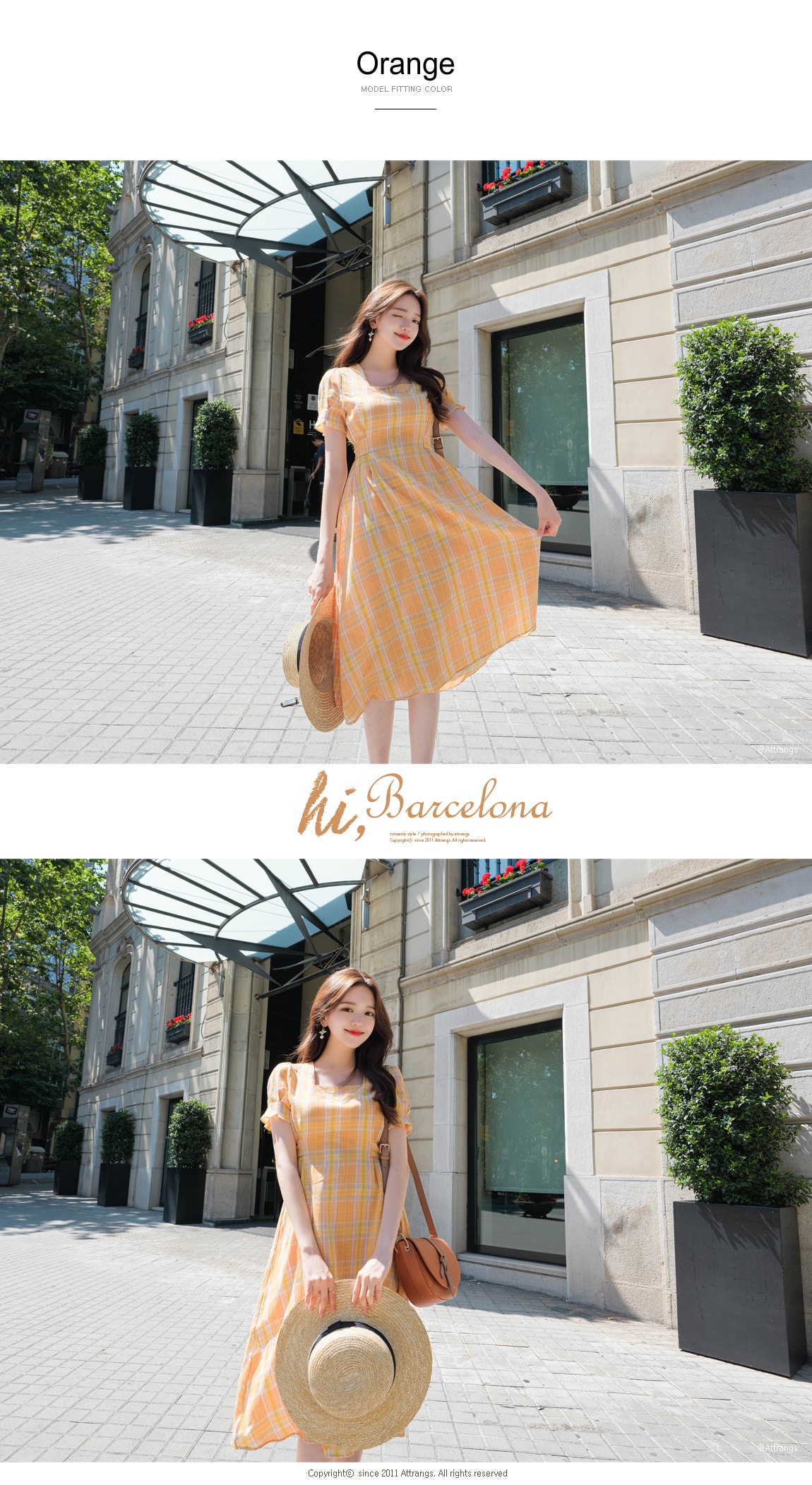 【韩国直邮】ATTRANGS 复古亮色格纹高腰系带显瘦连衣裙 橙色 均码