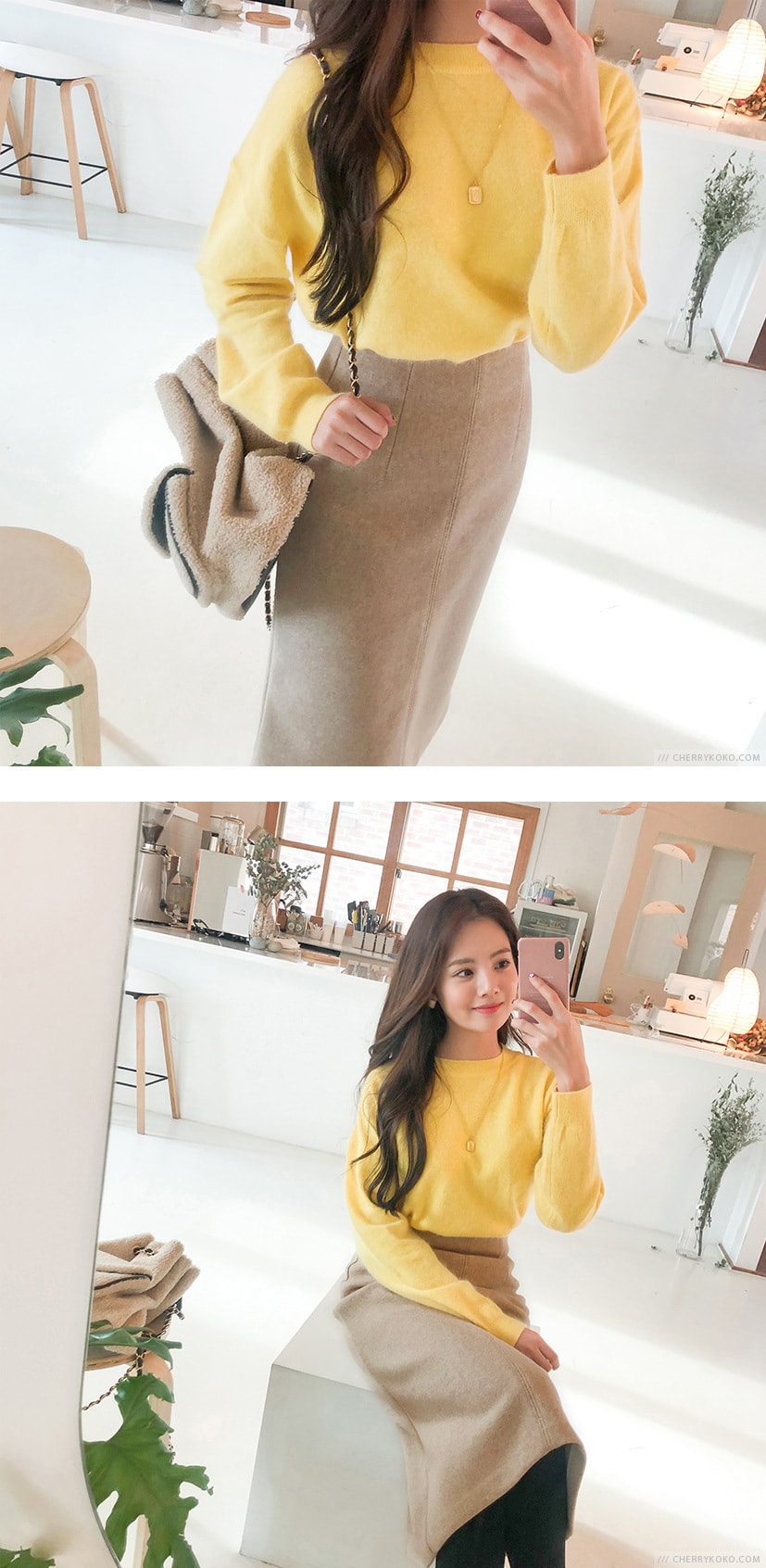 【韩国直邮】CHERRYKOKO 韩国甜美百搭圆领针织衫 黄色 FREE