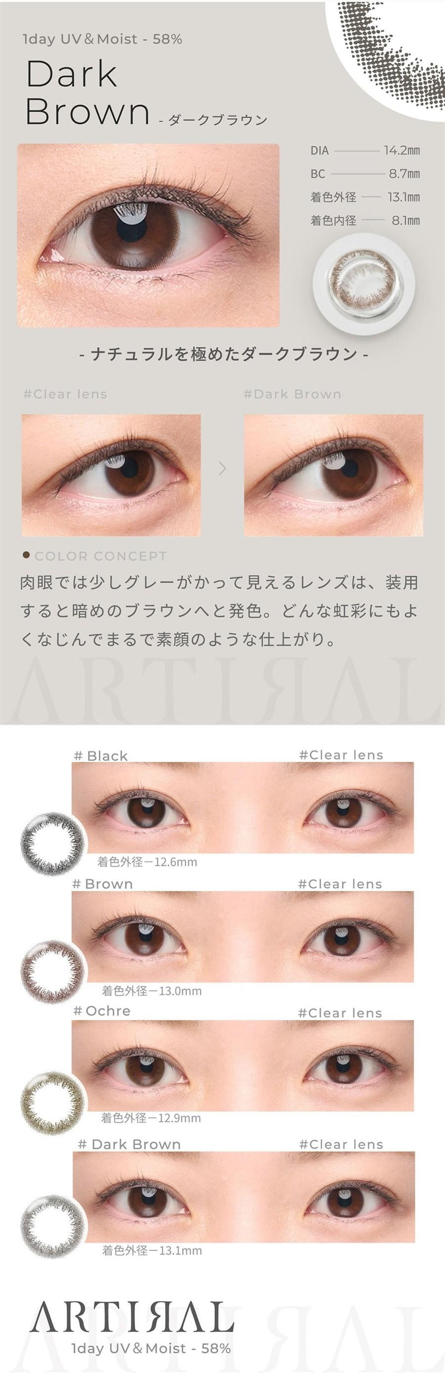 【日本直邮】Artiral UVM 日抛美瞳 抗UV 含水量58% 10枚 Brown 自然棕 (棕色系)着色直径13.0mm 预定3-5天日本直发 度数 0