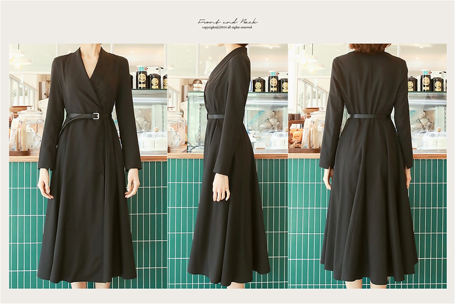 WINGS Shawl Collar Belted Wrap Dress #Black L(40)