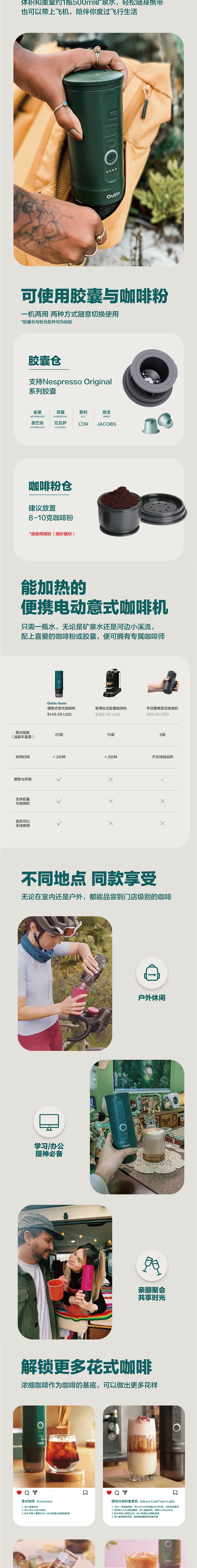 【美國】Outin 便攜式電動咖啡機 義式咖啡機 3-4 分鐘自加熱 太空灰