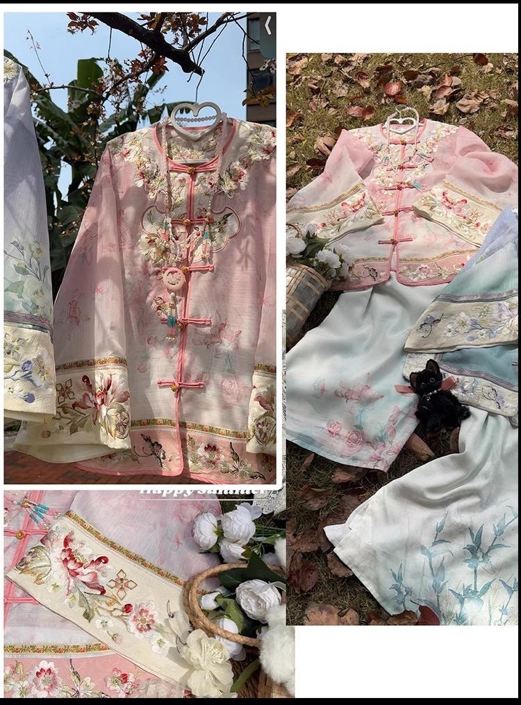 【中国直邮】 FOXTAIL 重工刺绣新中式国风汉服 清汉 女印花 渐变 套装 复古  -蓝色 M码 1套