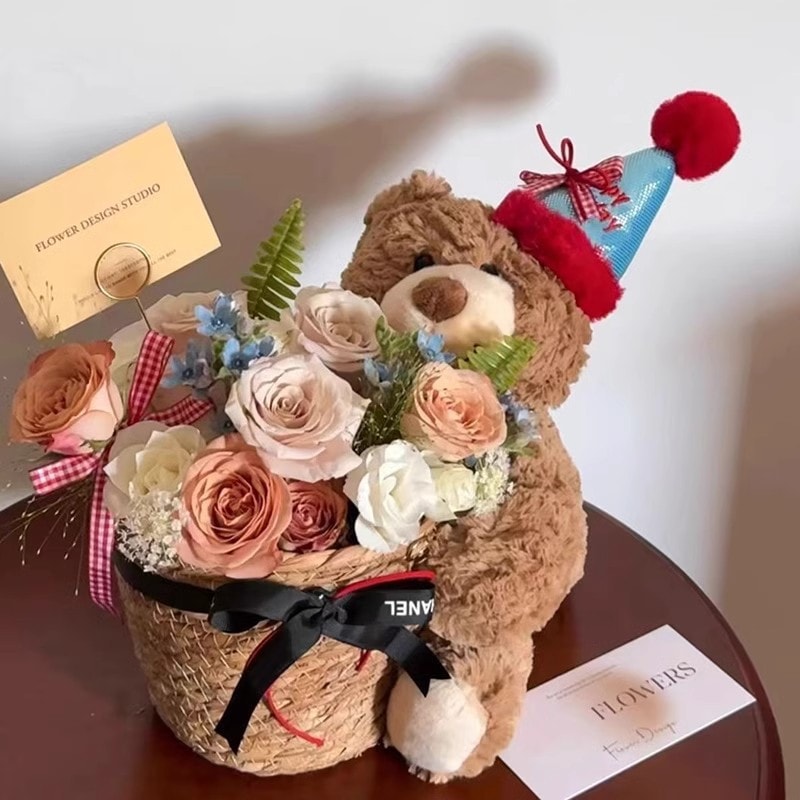 【中国直邮】 FOXTAIL 小熊玩偶抱抱桶花束 永生花 生日礼物 派对聚会 女友闺蜜七夕情人节礼物-冰蓝色1个*|预计到达时间3-4周