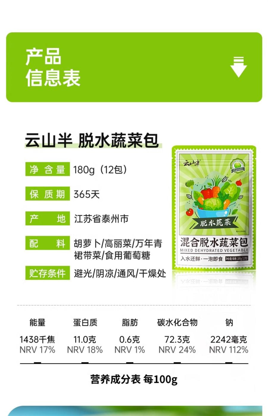 【中国直邮】 云山半 混合脱水蔬菜包 泡面伴侣蔬菜汤包煮面混合万年青裙带菜紫菜180g/袋