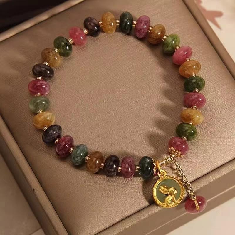 【中国直邮】  亲太太 天然碧玺玉石手链女复古  月兔望月手链  1条装