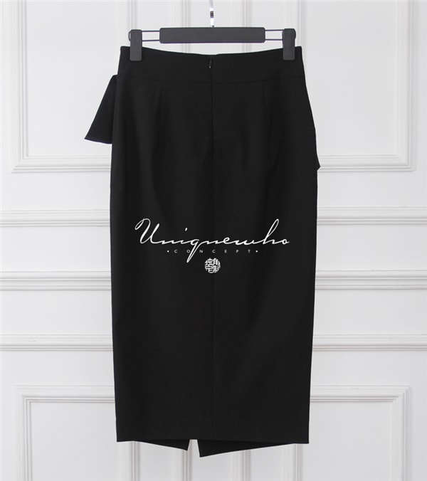 Ladies Women Black Ruffles Mid-Calf Split Pencil Skirt S