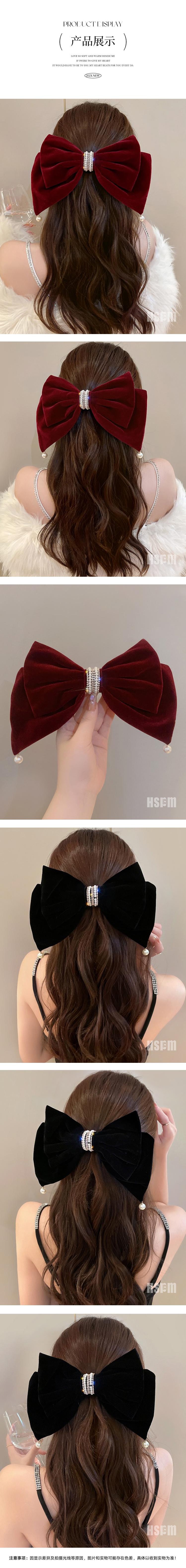 【中國直郵】 HSPM 新款超大絲絨蝴蝶結珍珠髮夾 黑色大蝴蝶結髮夾 F