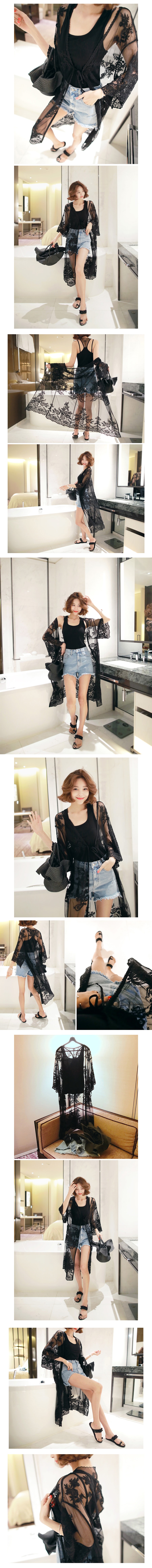 KOREA Embroidered Mesh Kimono Robe Cardigan #Black One Size(Free) [Free Shipping]