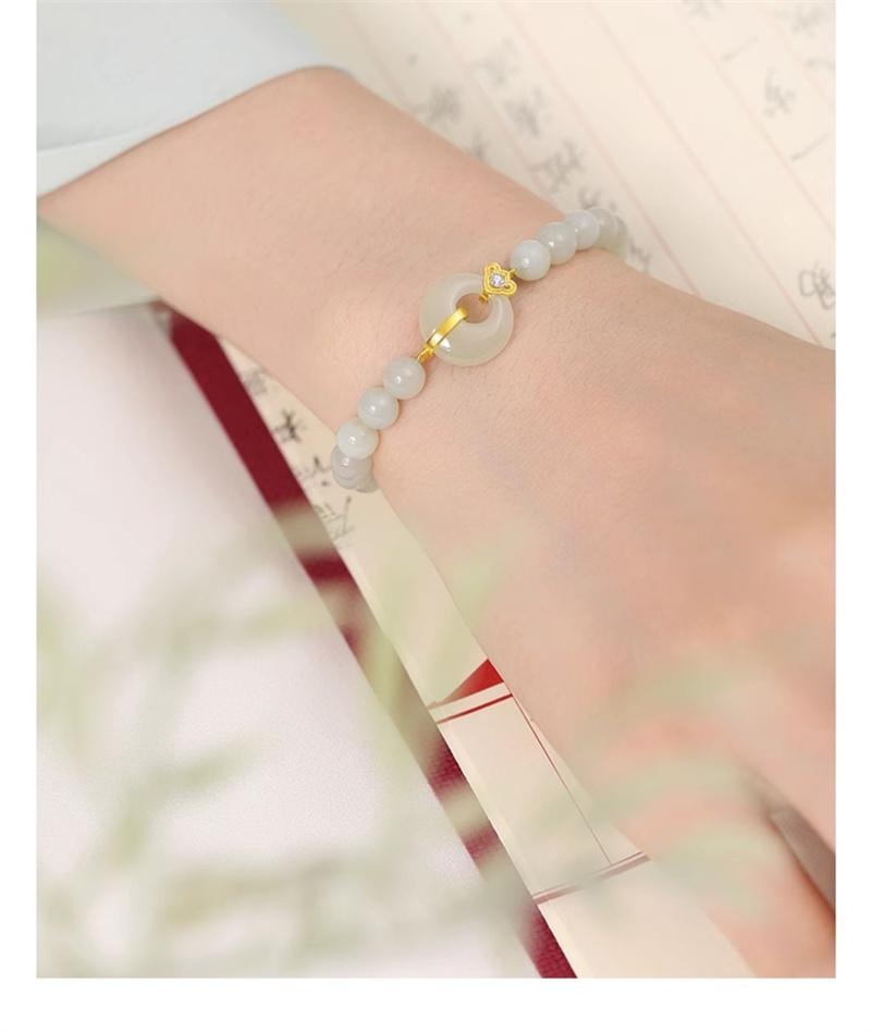 【中国直邮】 周大生 出水福蓉和田玉手串福气平安扣国风手链银 1个装