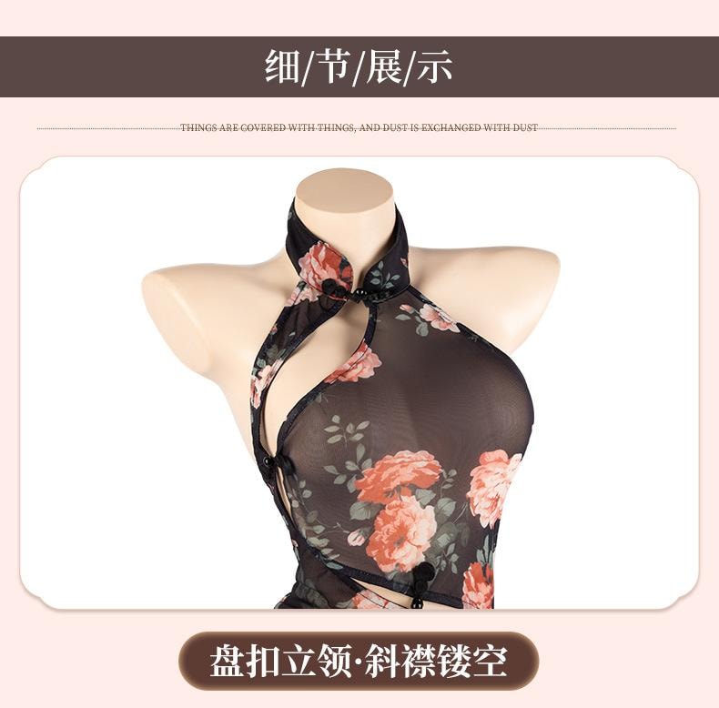 【中國直郵】 曼煙 情趣內衣 性感復古旗袍斜襟印花開衩長裙 黑色 均碼