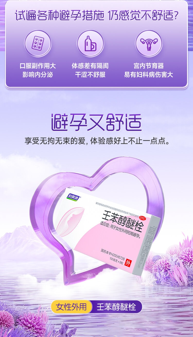 【中國直郵】 婦炎潔 壬苯醇醚栓 避孕栓女性專用避孕 放陰道事前外用液體凝㬵 8粒/盒
