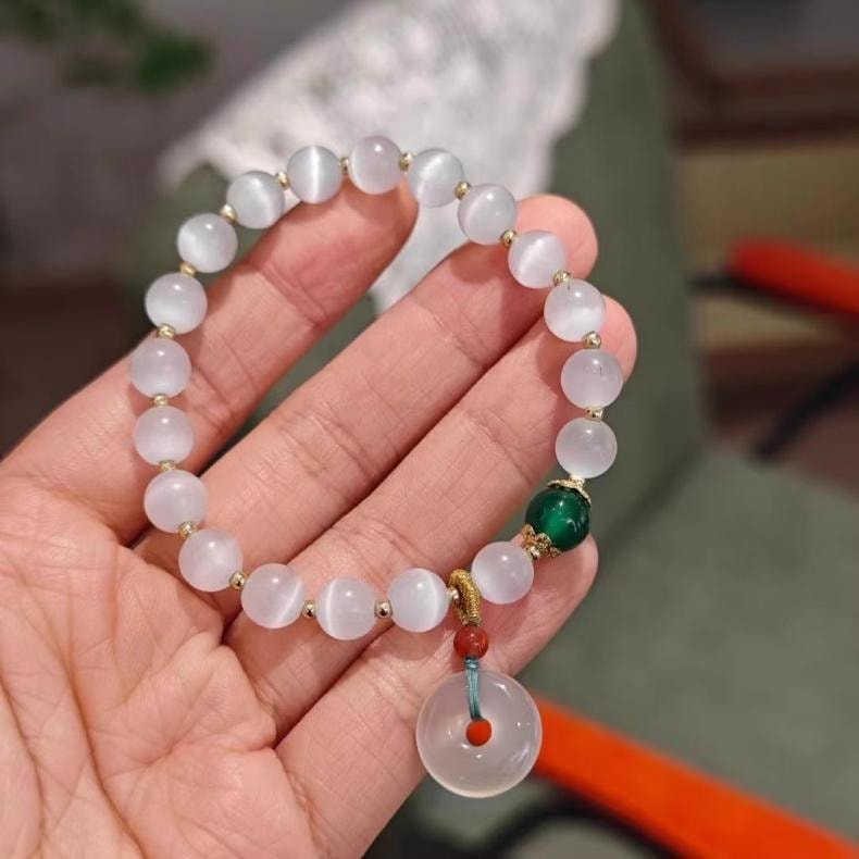 【辟邪康泰】新疆貓眼石平安扣手串 新中式國風手鍊 天然晶石 8mm 辟邪護身符 男女同款吉祥平安首飾品