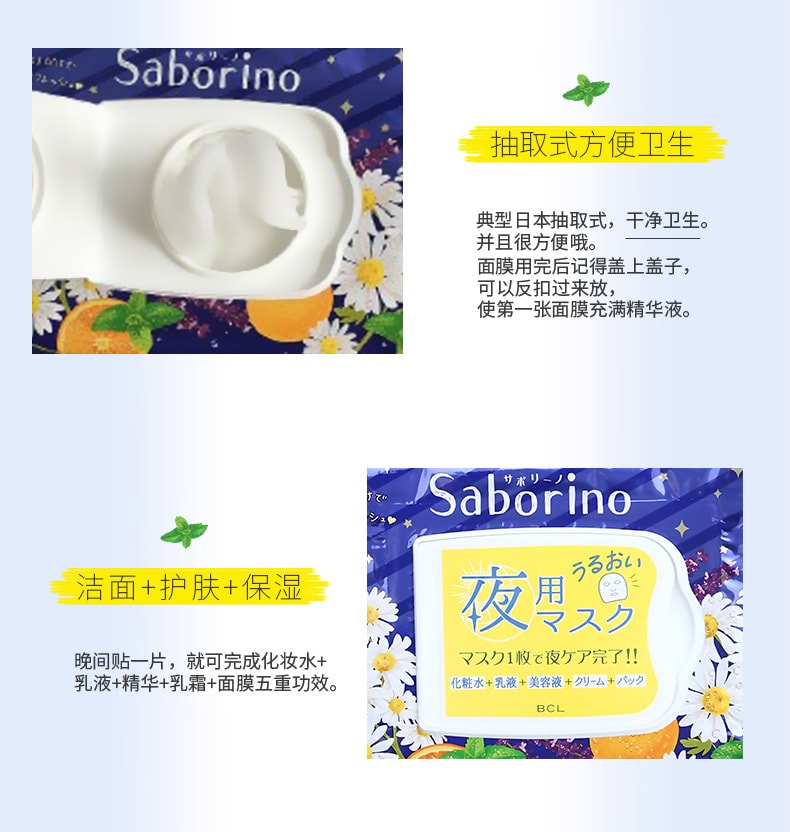 日本BCL SABORINO晚安夜間專用面膜滋潤清潔免洗 28片