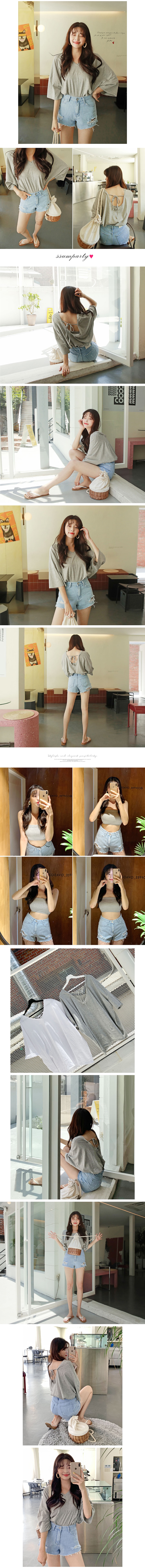 V-Neck Tie Back T-Shirt+Crop Tube Top 2 Pieces Set #Grey One Size(Free)