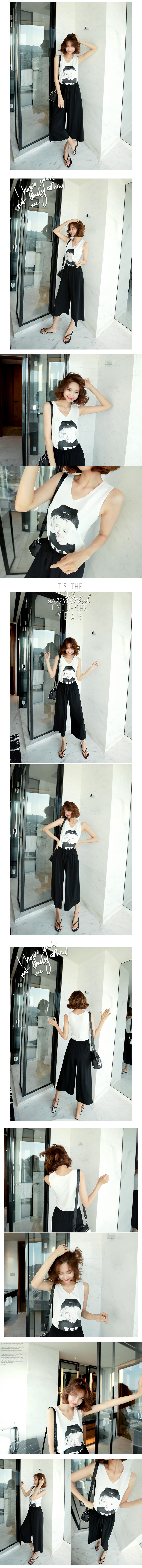 [KOREA] Sleeveless Knit Top #White+Cropped Wide Leg Pants #Black One Size(S-M) [Free Shipping]