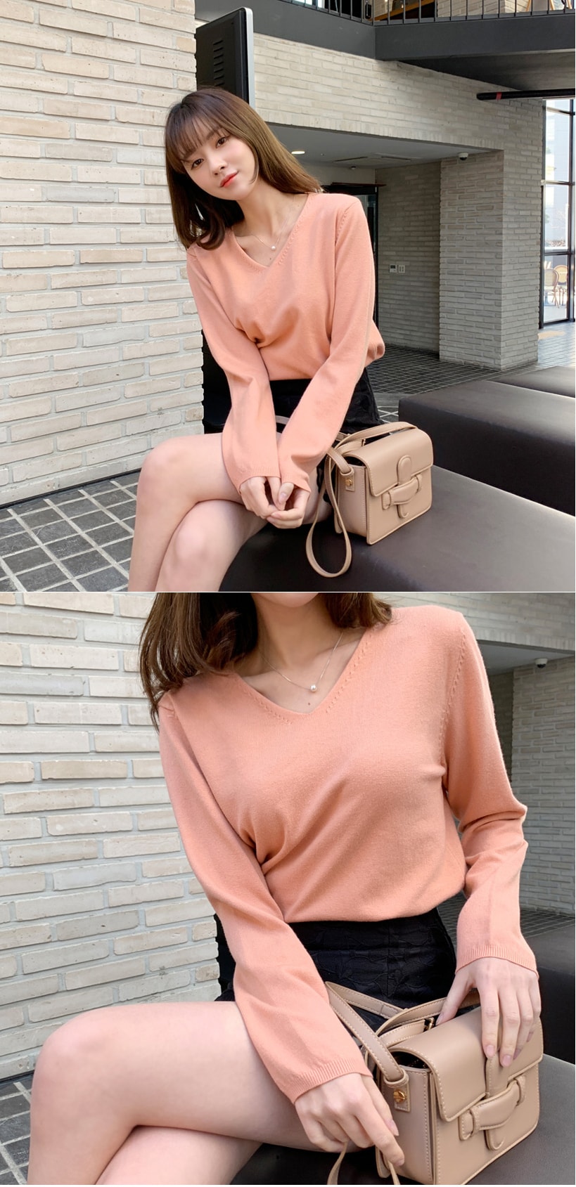 【韩国直邮】MIMIDIDI V领简约款针织衫 杏粉色 均码