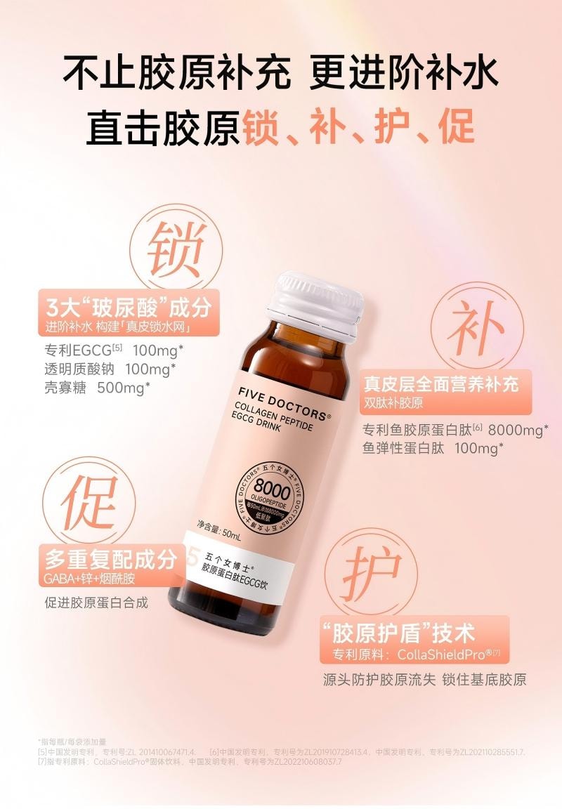 五个女博士 【全球累计销量超4亿瓶】 胶原蛋白肽8000mgEGCG饮2.0新升级玻尿酸补水锁胶原蛋白抗皱熬夜垮脸救星口服液50ml*10瓶入