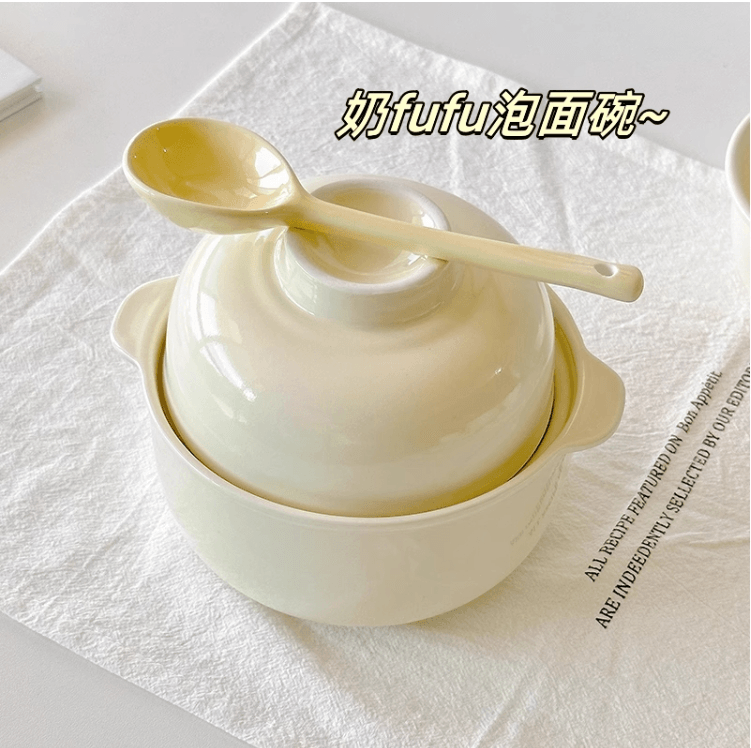 日式奶fufu陶瓷泡麵碗帶蓋學生宿舍方便麵碗飯碗#奶油色1件入