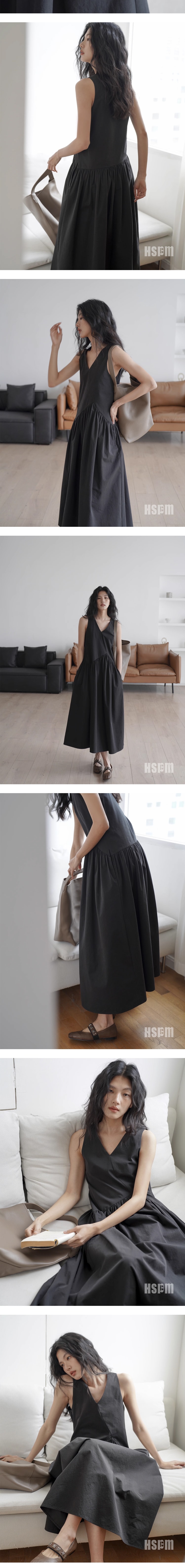 【中国直邮】HSPM新款V领无袖连衣裙 黑色 S