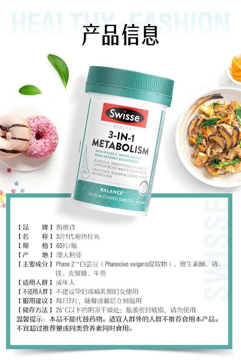 【中国直邮】澳洲 Swisse 阻断碳水脂肪控糖阻油燃脂片 非白芸豆阻断剂大餐救星吃油丸 60片/瓶(明星代言-迪丽热巴)