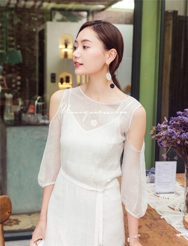 Ladies Women Simple Elegant White Mid-Calf Silk Dress with Sling Dress Two-piece Set S