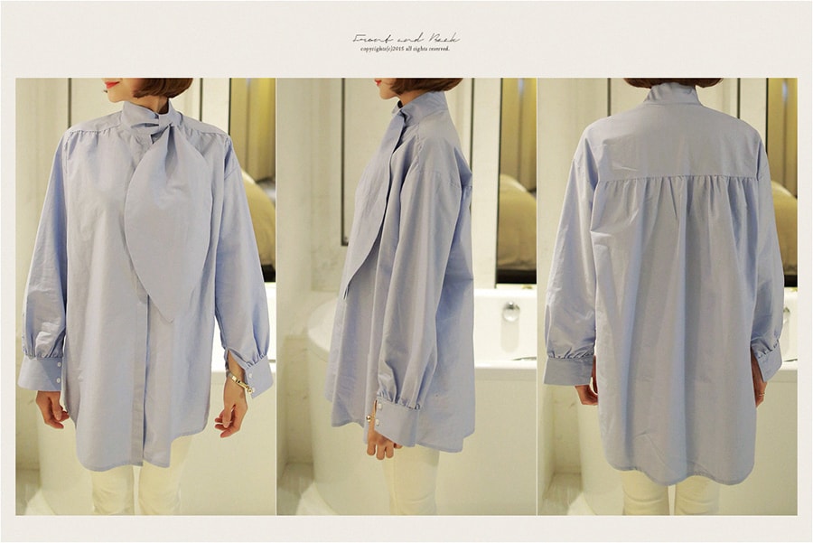 KOREA Water Drop Tie-Neck Blouse #Sky Blue One Size(Free) [Free Shipping]