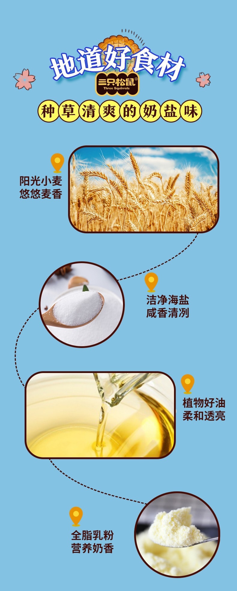 【中国直邮】三只松鼠 日式小圆饼 休闲零食小吃饼干奶盐口味100g