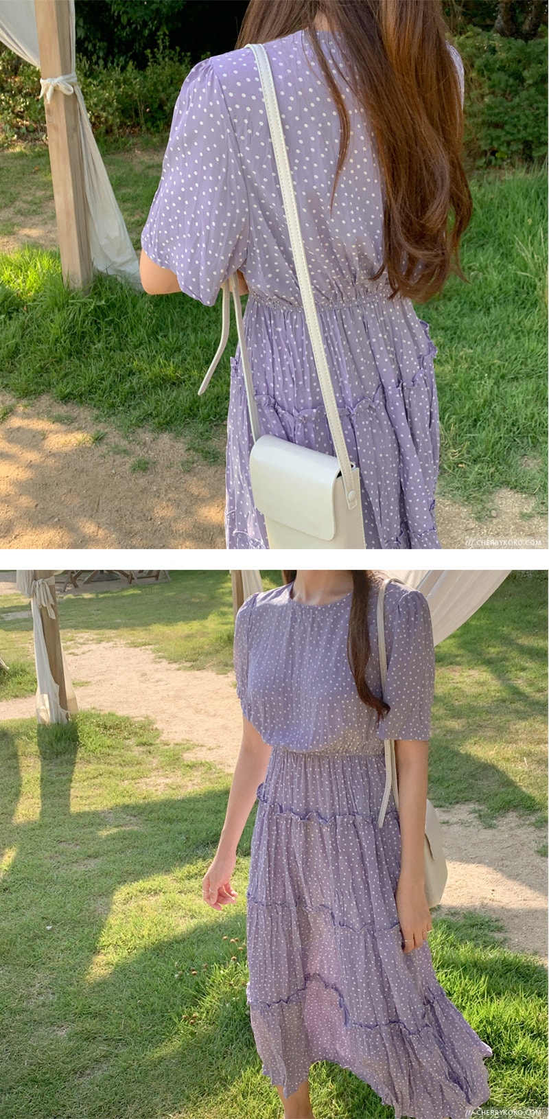 【韩国直邮】CHERRYKOKO 甜美风圆领大裙摆高腰圆点连衣裙 紫色 均码