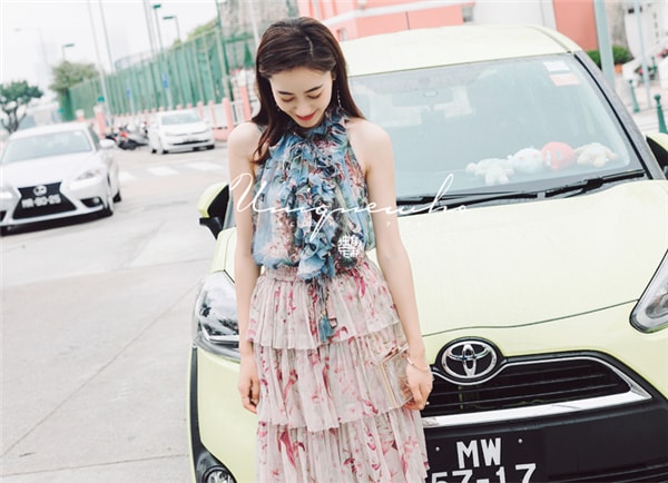 Blue Print Sleeveless Ruffles Silk Blouse Tops for Girls Women One Size