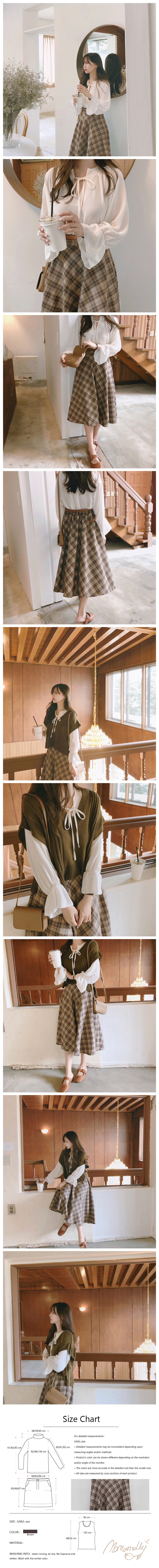 Korean ladies shirt /Retro vest /Plaid skirt 3-piece suit Brown L-size