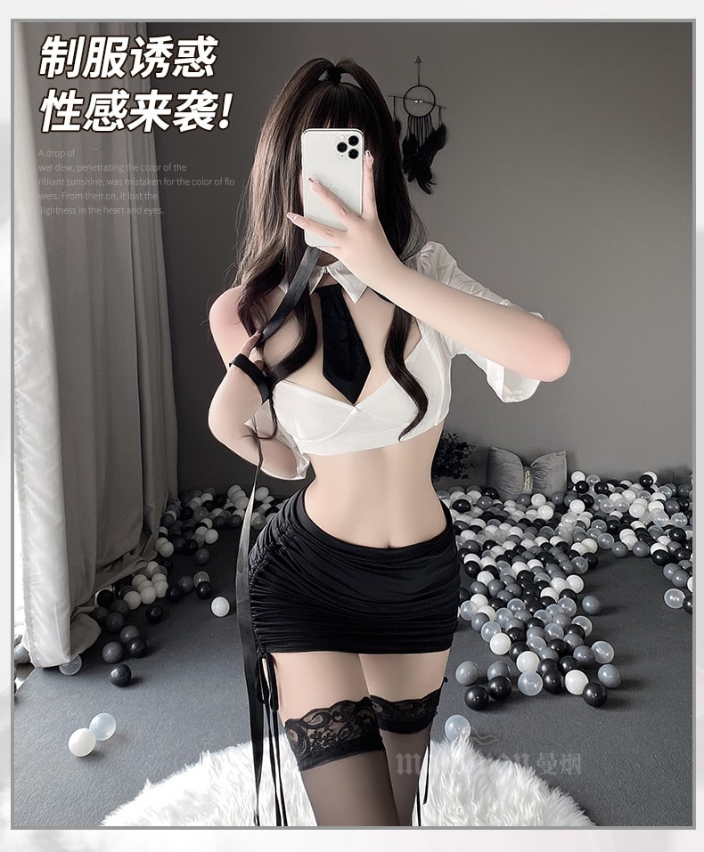 【中国直邮】曼烟 情趣内衣 性感低领短裙 秘书套装 黑白色均码(含丝袜)