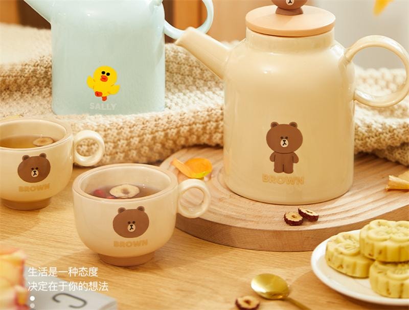 【中国直邮】 日本 LINE FRIENDS 冷水壶杯子陶瓷凉水壶水杯耐热高温  BROWN款 三件套