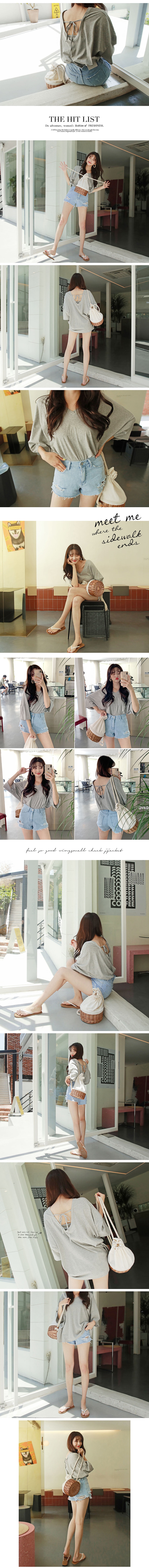 V-Neck Tie Back T-Shirt+Crop Tube Top 2 Pieces Set #Grey One Size(Free)