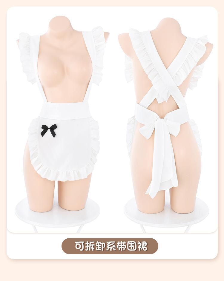【中國直郵】霏慕 新品 一字抹胸高開衩女僕套裝 白黑【女僕髮箍+抹胸+圍裙】