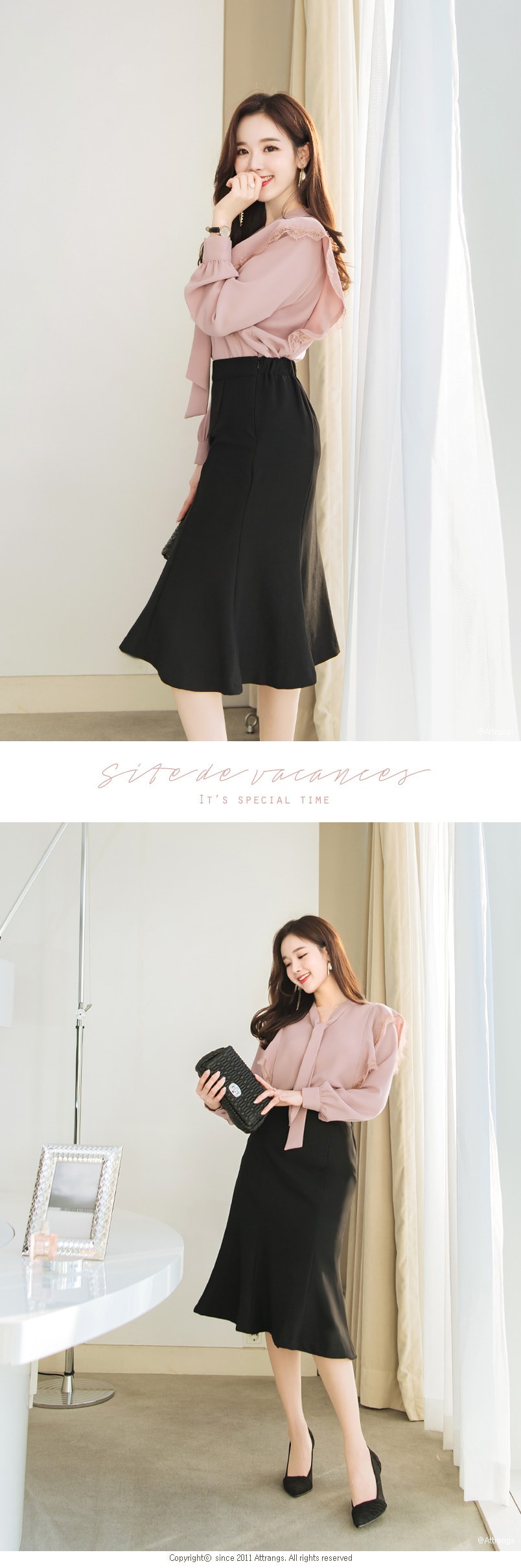 【韩国直邮】ATTRANGS 美人鱼线条基本款切开设计中裙 黑色 均码