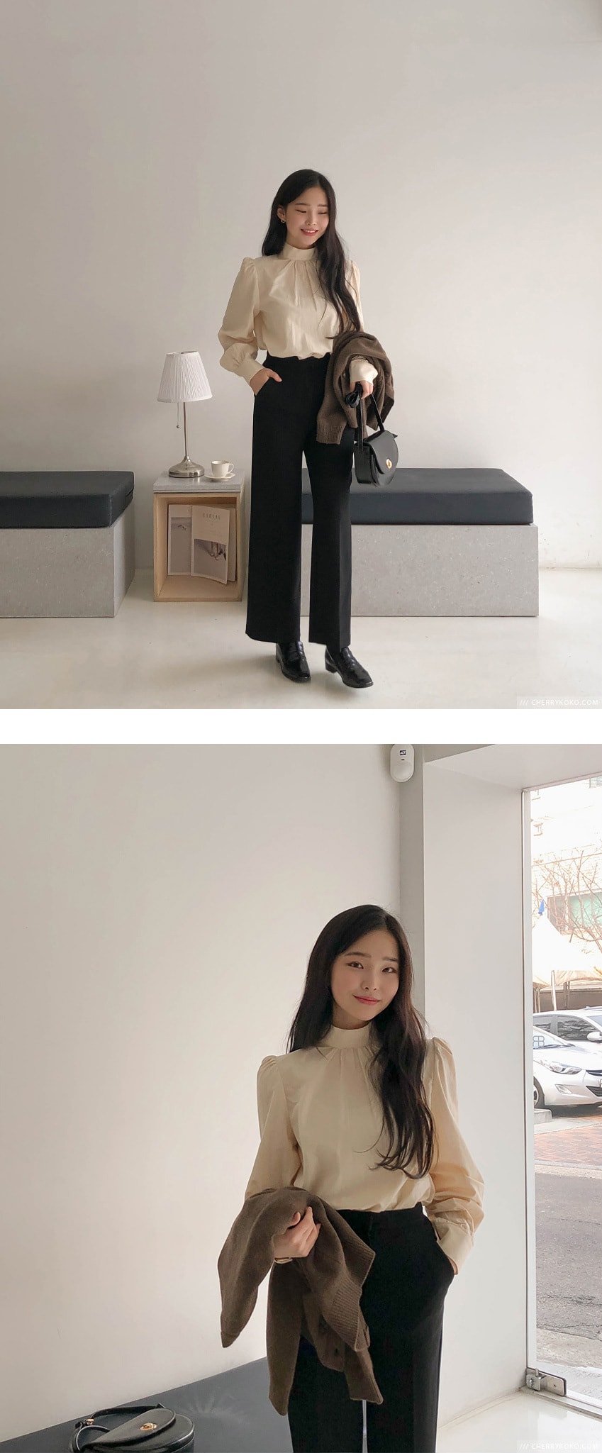 【韩国直邮】CHERRYKOKO 韩国甜美高领泡泡袖雪纺衬衫 米色 均码