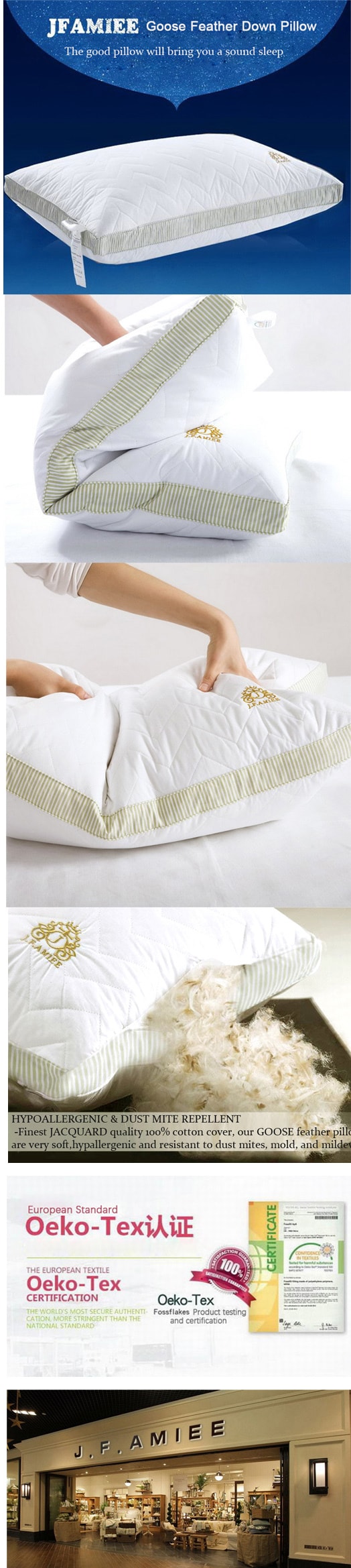 J.F.AMIEE Goose Feather Down Pillow 100% Cotton Bed Pillow White Set of 2  Standard