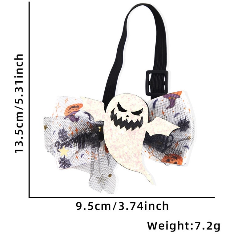 Pet Halloween Bow Tie Mesh Bow Collar Dog Cat Adjustable Bow Tie Accessories - Fierce Ghost 2 Pc