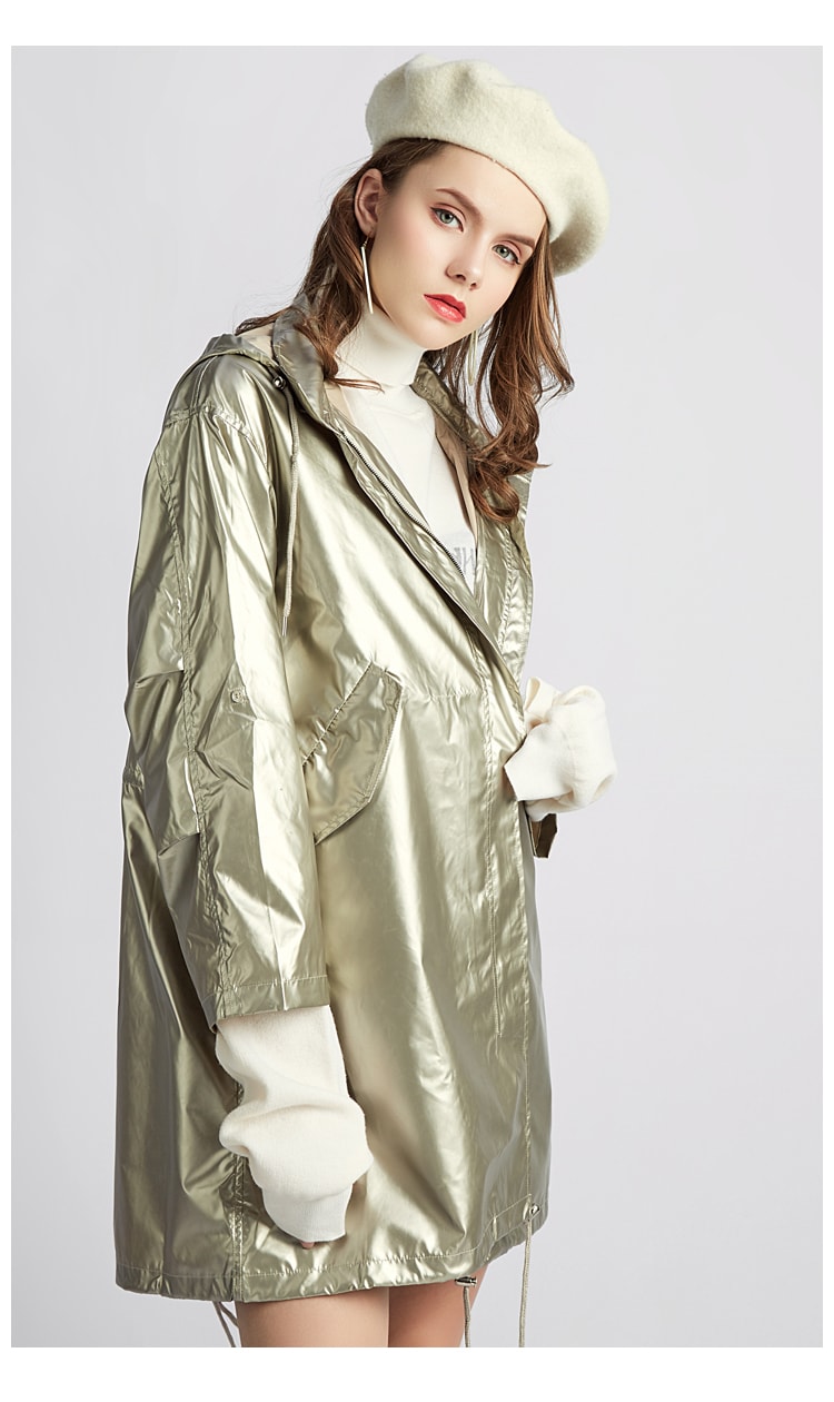 CARRIE&KATE【Designer Style】2019 Korea new Trend Golden Windbreaker Laser photosensitive hat long coat 【Tide】Golden/S