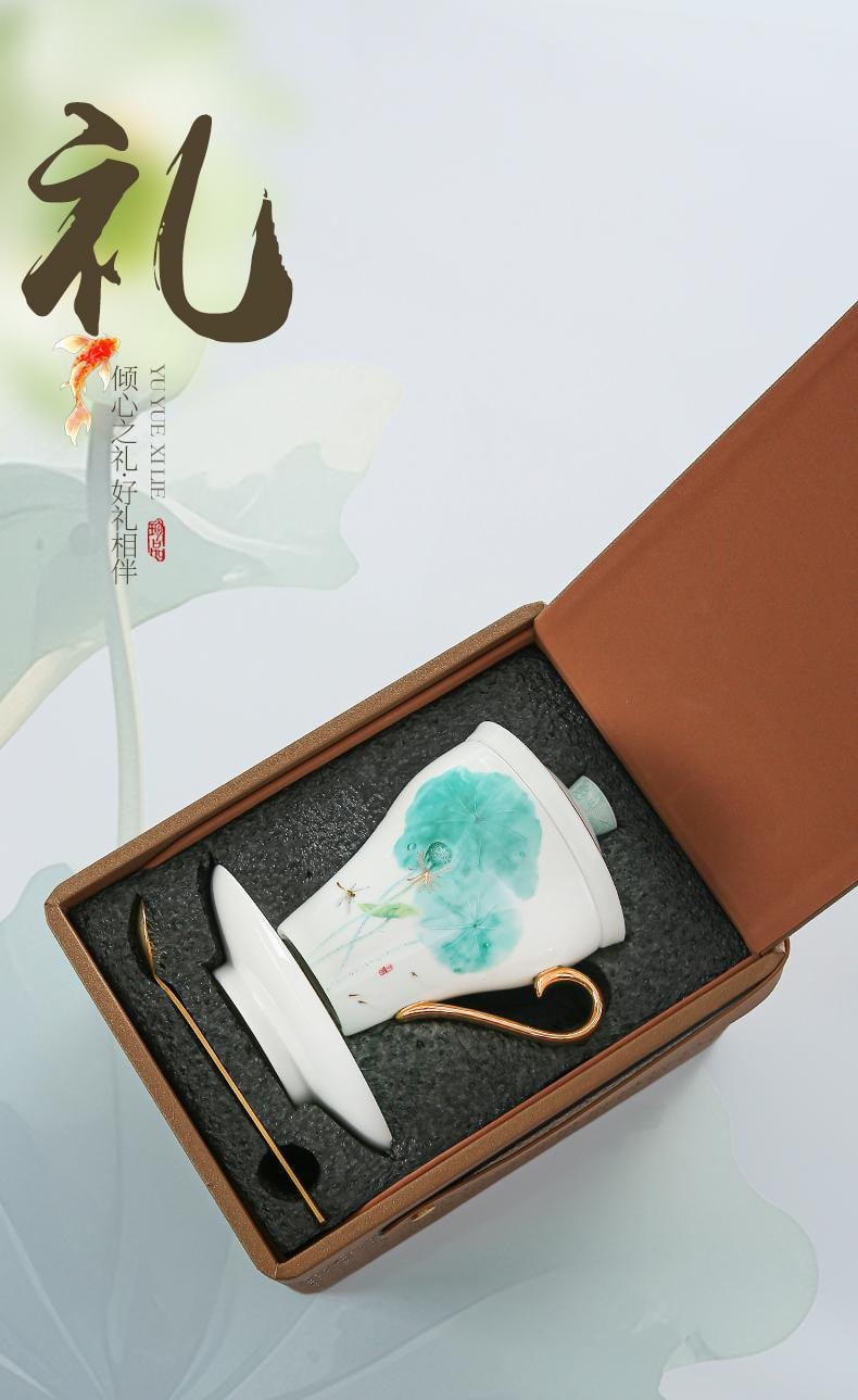 康樂品 景德鎮7件式茶咖共享杯懸浮蓋碗大號荷花一組正品高檔瓷器禮個人泡茶杯